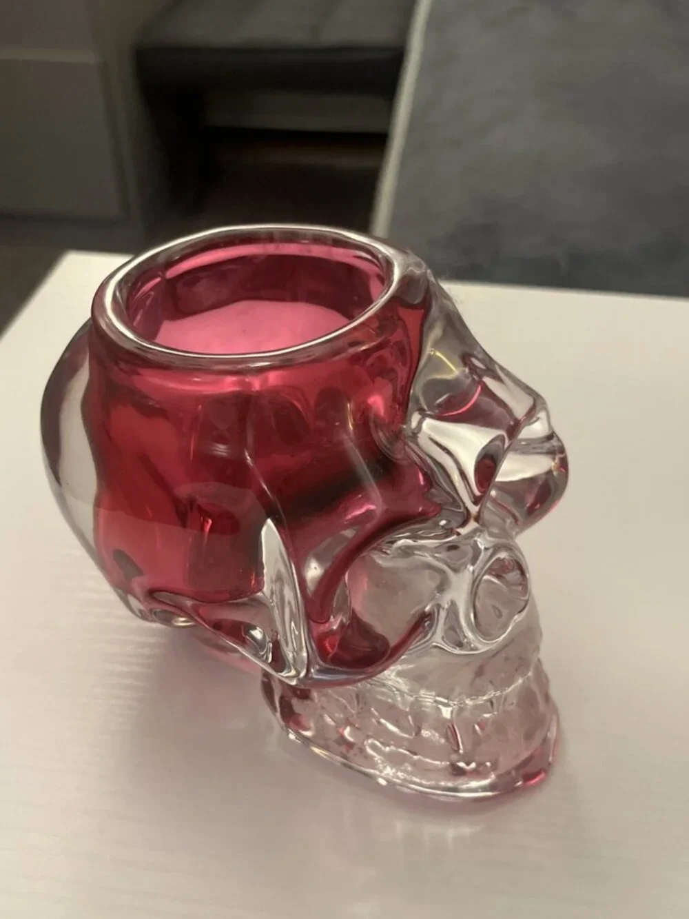 Pink & Clear Art Glass Skull Tealight Candle Holder Halloween 4” Tall